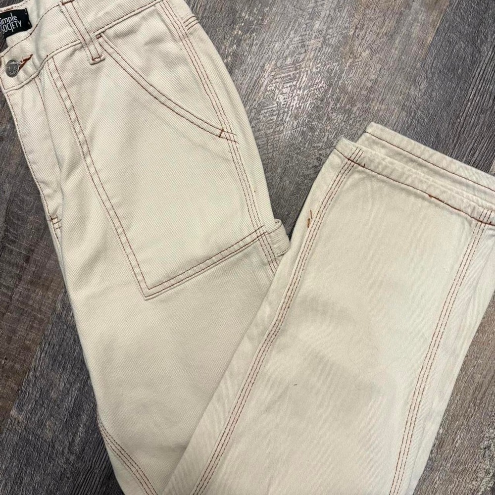 Simple Society Cargo Cream straight leg jeans with brown stitching Size 26"